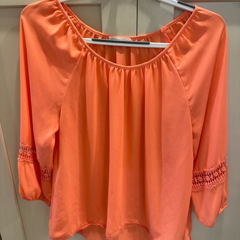 Copper Key Coral-Orange Peasant Blouse with Crochet Trim